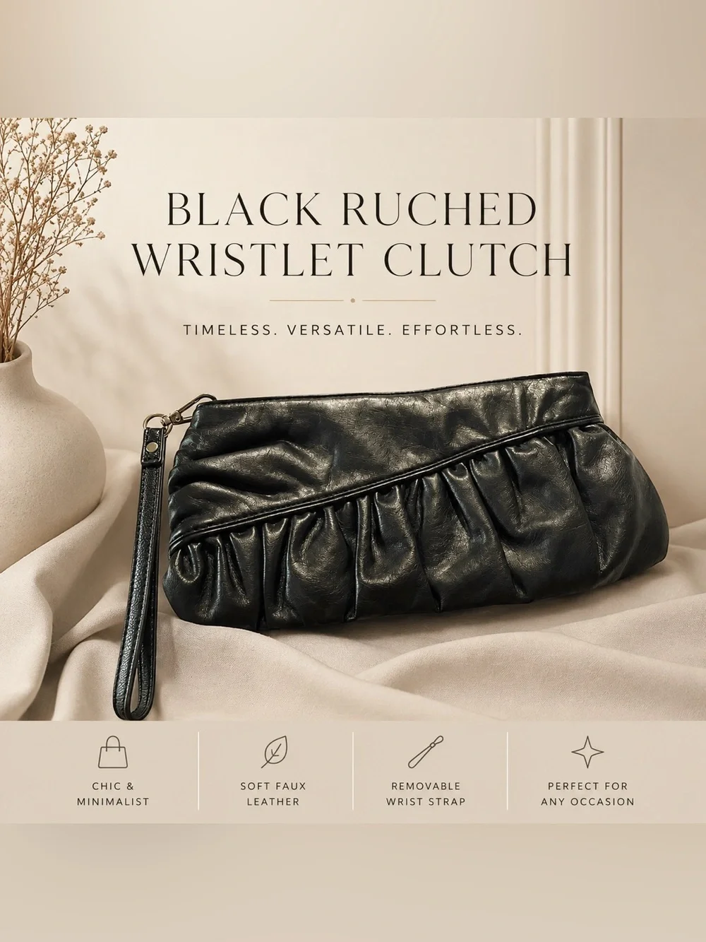 Black Ruched Faux Leather Wristlet Clutch Purse | Soft Slouchy Evening Bag